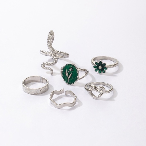 **CARYS* 6-Pc Silver x Green Snake Fashion Ring Set - Picture 4 of 6